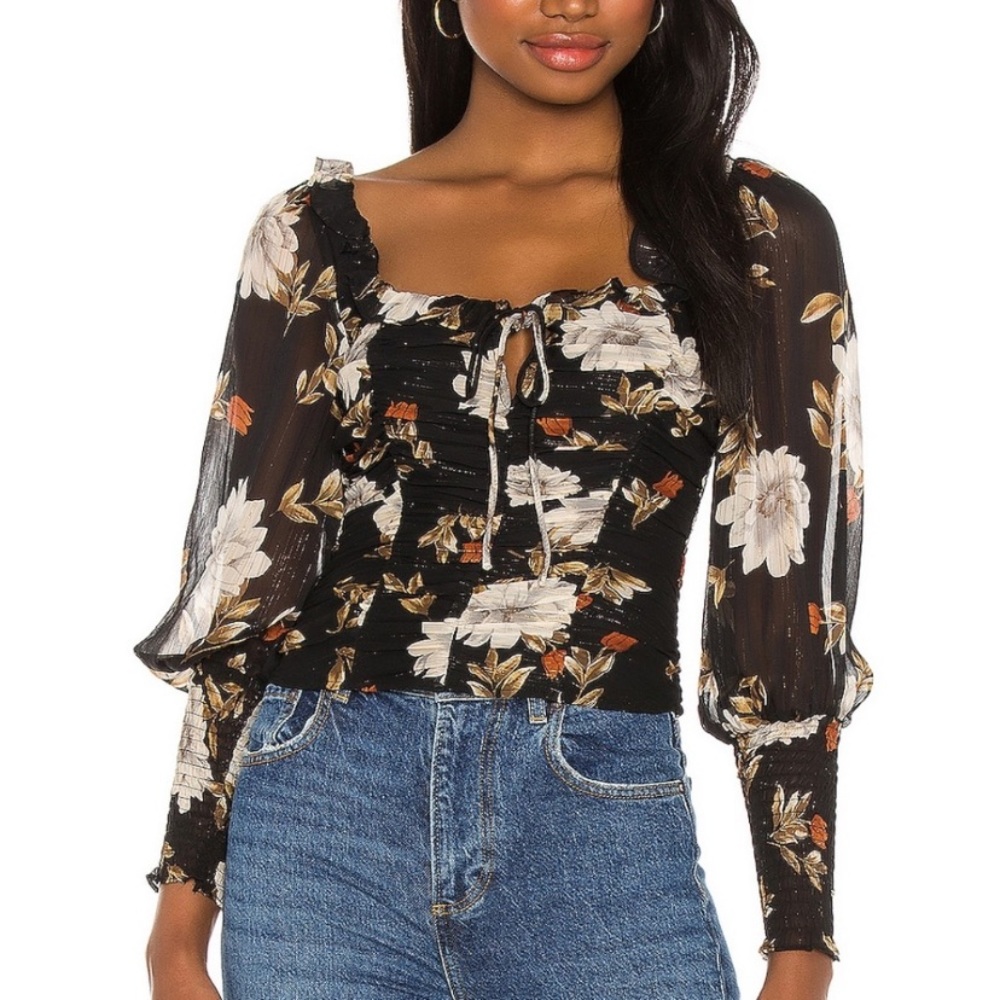 Revolve x Astr The Label Boho Square Neck Ruched Dark Floral Blouse XL